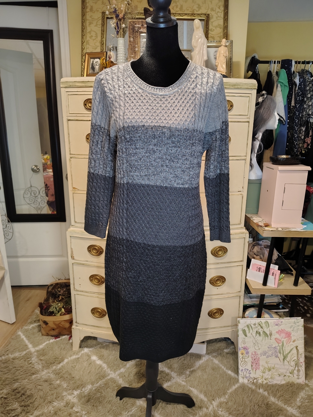 Calvin Klein Women's Gradient Knit Long Sleeve Dress - Gray Ombre Stripes